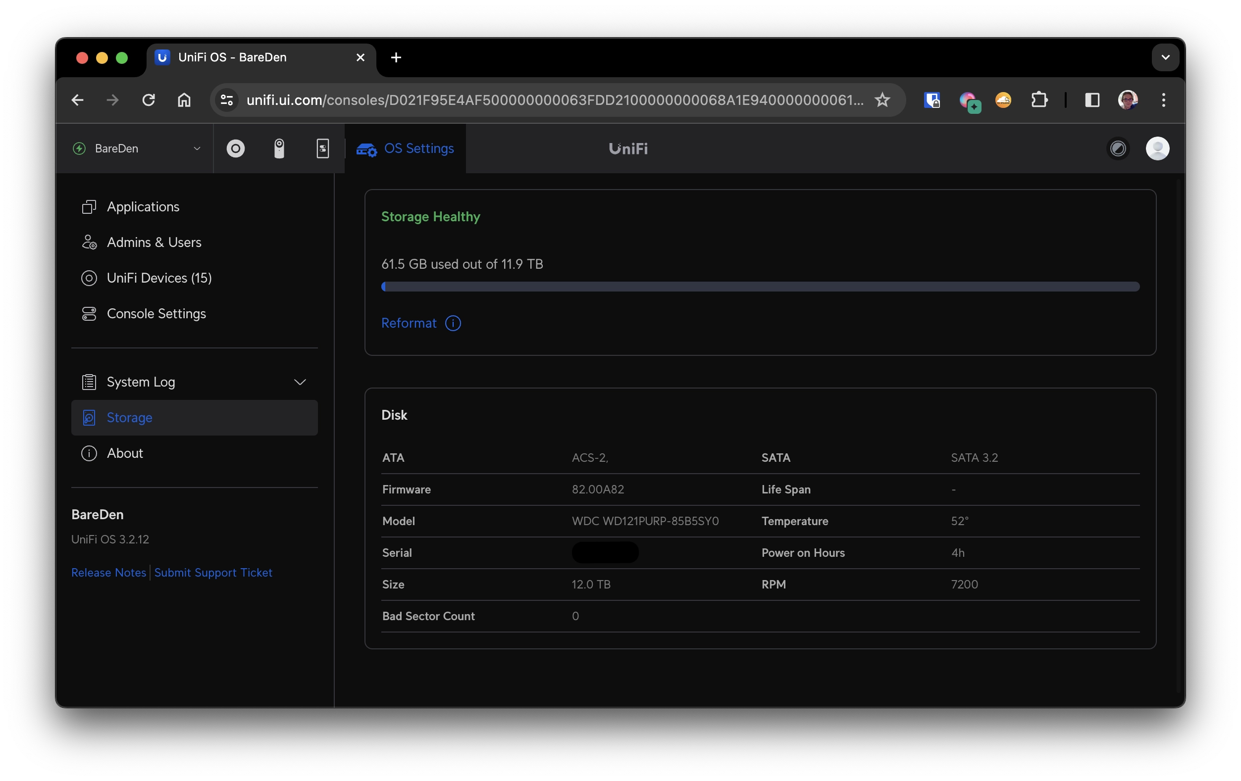 The unifi console settings storage dashboard